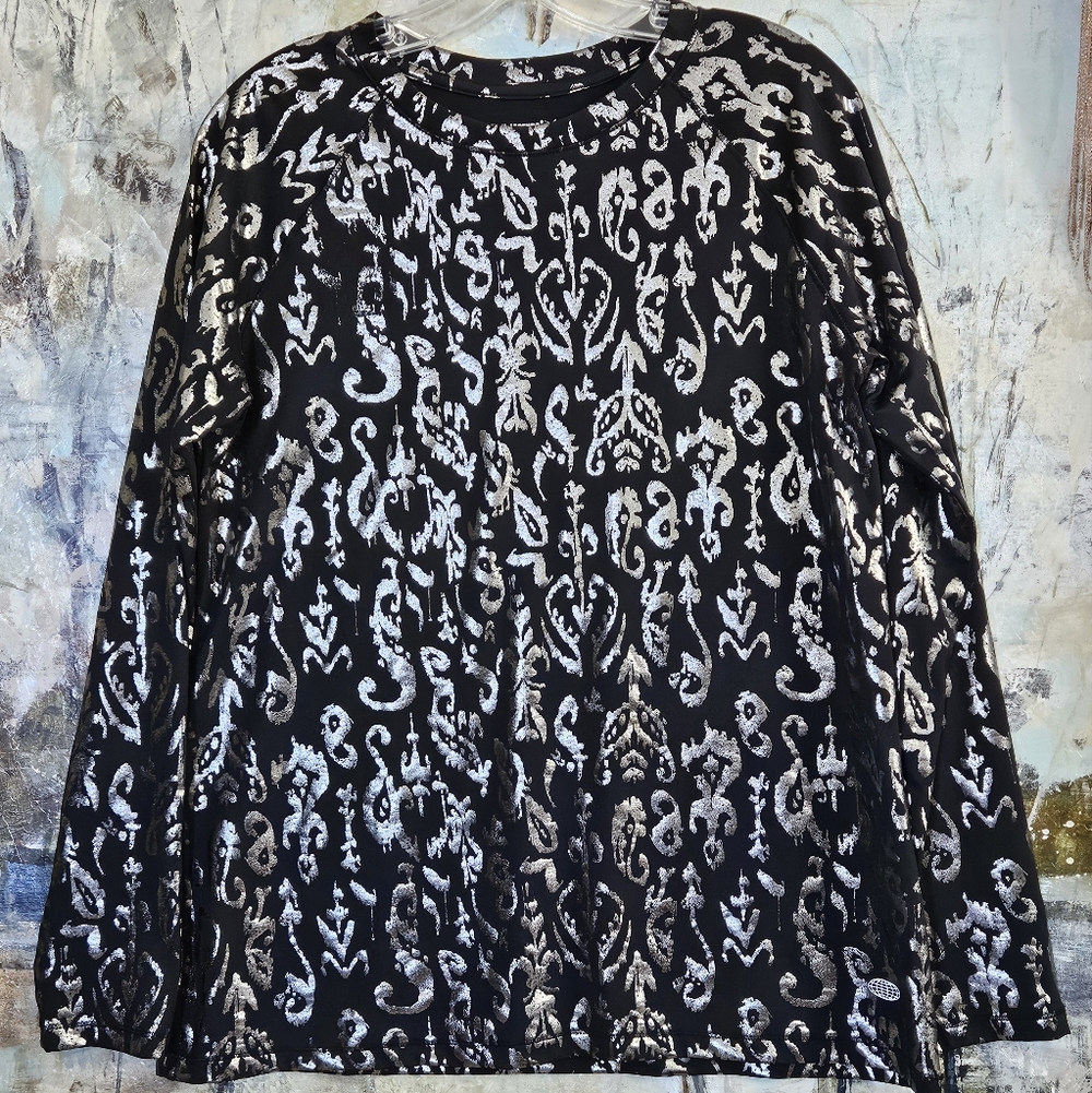 Reel Ledends Keep It Cool Black & Metallic Silver Damask Print Performance Top-L